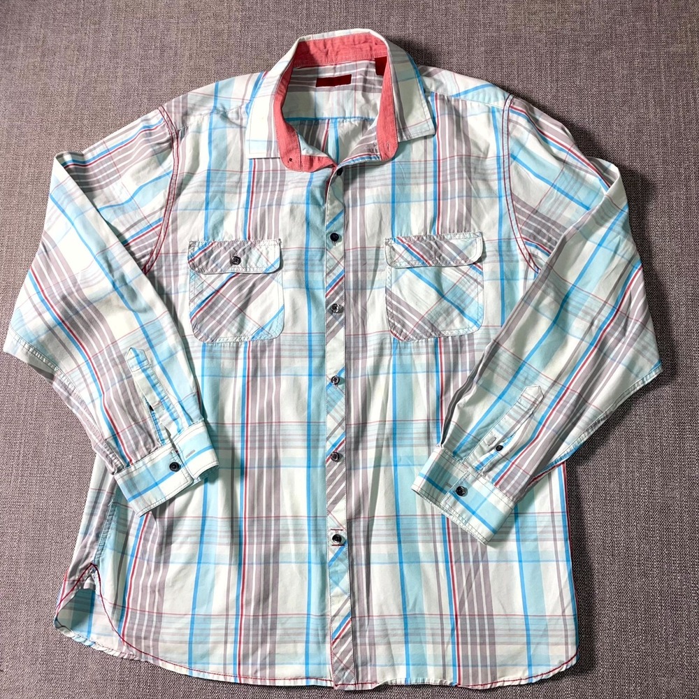 Alfani Slim Fit Shirt Mens XL Multicolor Cotton Plaid Pleated Button Up Workwear